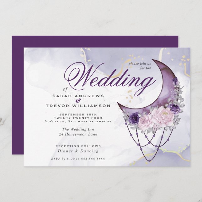 Invitación Boho Boda Esoteric Amethyst Crescent Moon (Anverso / Reverso)