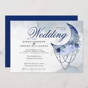 Invitación Boho Boda Esoteric Navy Blue Crescent Moon
