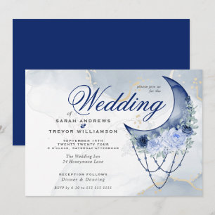 Invitación Boho Boda Esoteric Navy Blue Crescent Moon