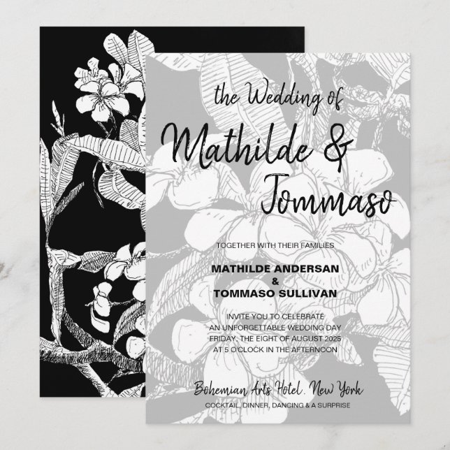 Invitación Boho Boda floral de dibujo blanco negro (Anverso / Reverso)