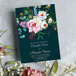 Invitación Boho boda floral de peonia verde de bosque blanco 