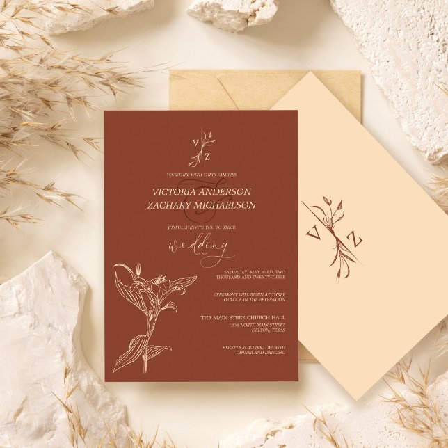 Invitación Boho Boda floral moderno y oscuro de Terracotta (Subido por el creador)