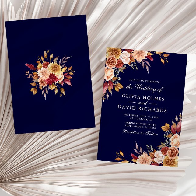 Invitación Boho Boda floral Naranja de la marina moderna quem (Boho Modern Navy Blue Burnt Orange Floral Wedding Invitation on a sunny neutral dry palm leaf.)