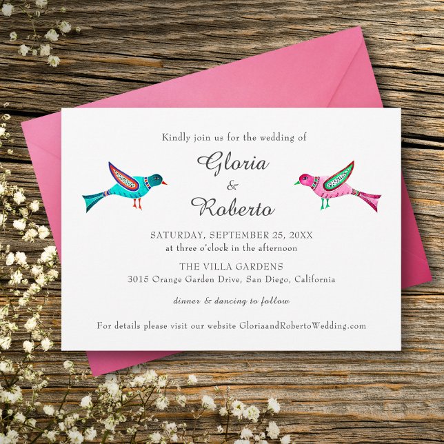 Invitación Boho Boda Mexicano de Aves Amantes Rosa y Azules (Subido por el creador)