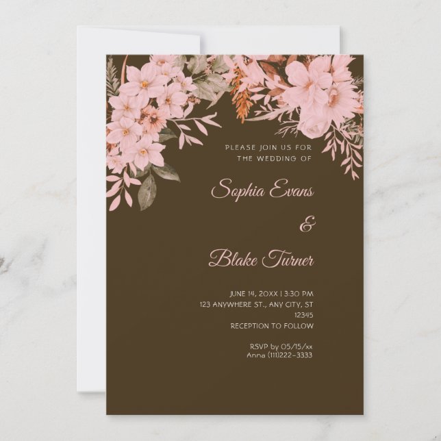 Invitación Boho Boda Mocha Brown de invierno con flores rosad (Anverso)