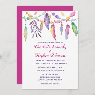 Invitación Boho Boda morado pluma nativo indio americano