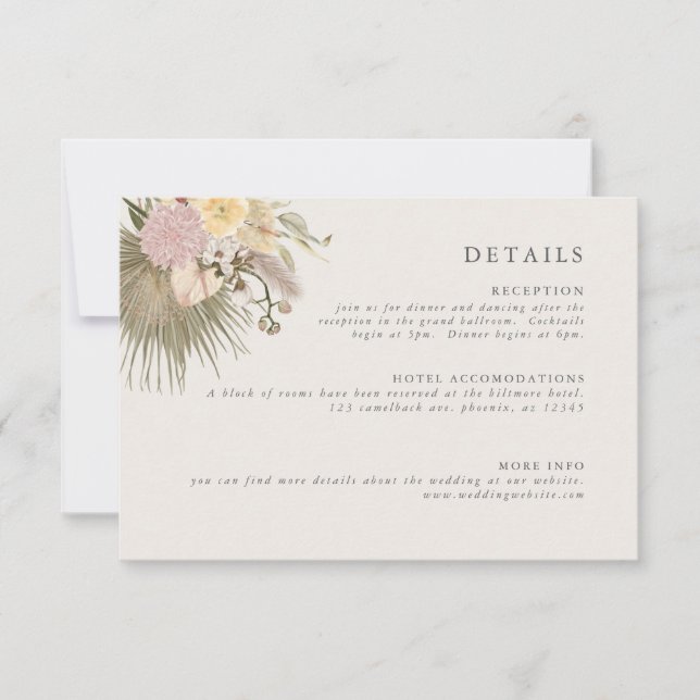 Invitación Boho Boda Pampas Grass Palm Info (Anverso)