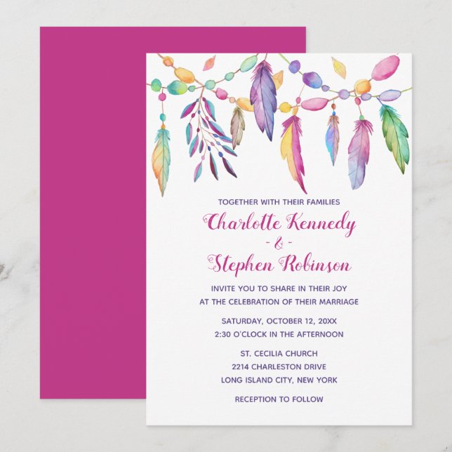 Invitación Boho Boda Purple Feather nativo indio (Anverso / Reverso)