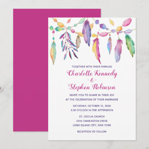 Invitación Boho Boda Purple Feather nativo indio