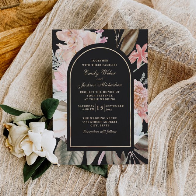 Invitación Boho Boda Rubor Crema rosa Verde Negro (Subido por el creador)
