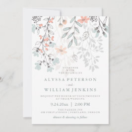 Invitación Boho Boda rústico botánico en Coral y Gris