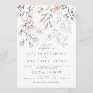 Invitación Boho Boda rústico botánico en Coral y Gris