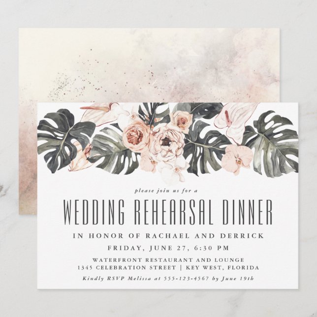 Invitación Boho Boda tropical floral Ensayo Cena (Anverso / Reverso)