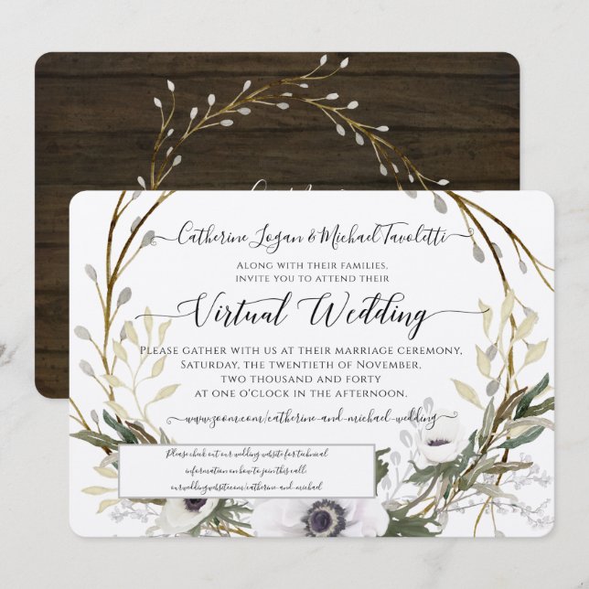Invitación BOHO Boda virtual de floral blanca Wreath Rústico (Anverso / Reverso)
