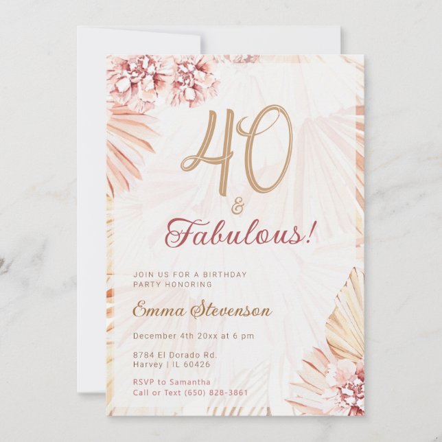 Invitación Boho Bohemian 40 y Fabulosas Damas 40 cumpleaños (Anverso)
