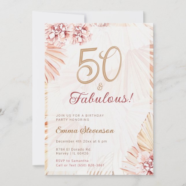 Invitación Boho Bohemian 50 y Fabulosas Damas 50 cumpleaños (Anverso)