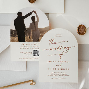 Invitación Boho Bohemian Cream Photo QR Code Arch Boda