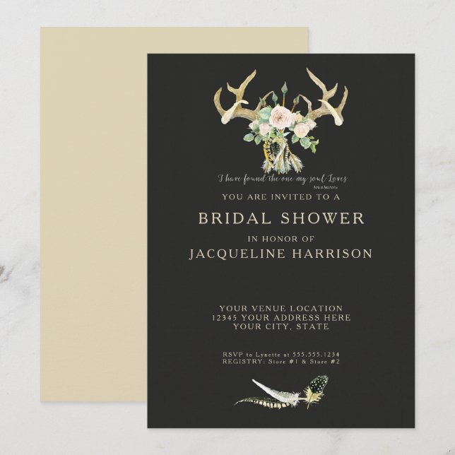 Invitación Boho Bohemian Deer Antler Floral Bridal Shower (Anverso / Reverso)