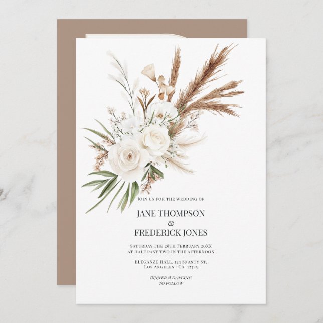 Invitación Boho Bohemian Dried Floral Photo & QR Code Wedding (Anverso / Reverso)