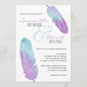Invitación Boho Bohemian Feather Boda morado y azul