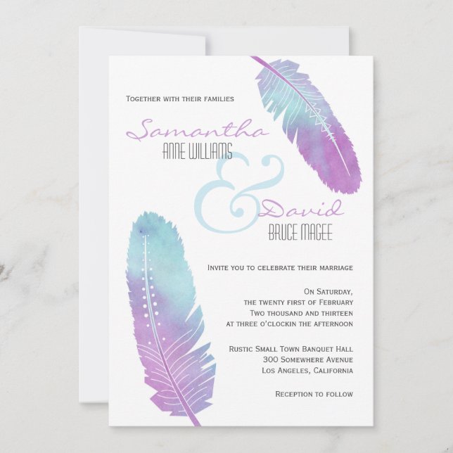 Invitación Boho Bohemian Feather Boda morado y azul (Anverso)