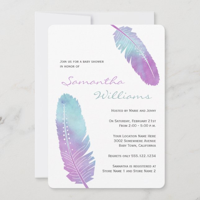 Invitación Boho Bohemian Feather Purple Baby Shower (Anverso)