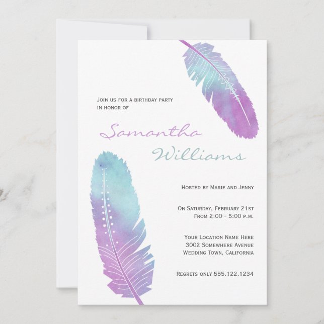 Invitación Boho Bohemian Feather Purple Birthday Party (Anverso)