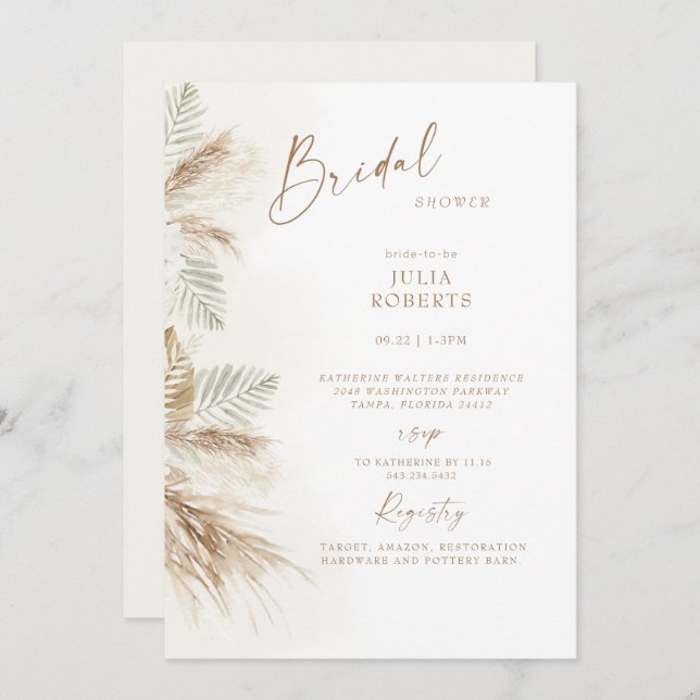 Invitación Boho Bohemian Pampas Ducha de Novias Beige Grass (Anverso / Reverso)