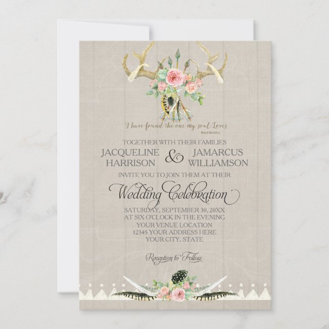 Invitación BOHO Bohemian Tribal Deer Antler Feathers Arte Ros (Anverso)