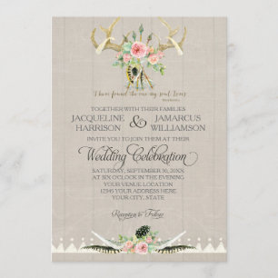 Invitación BOHO Bohemian Tribal Deer Antler Feathers Arte Ros