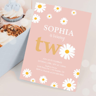Invitación Boho Bohemians Retro 70s Rosa Daisy 2do Cumpleaños