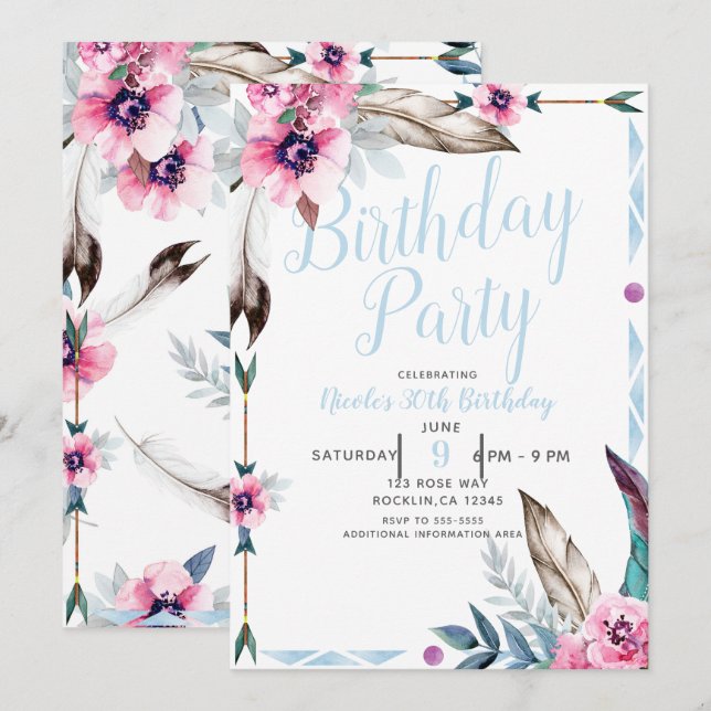 Invitación Boho Bohemias Tribal Floral acuarela Cumpleaños (Anverso / Reverso)