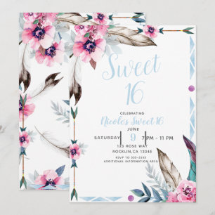 Invitación Boho Bohemiemo Tribal Floral Acuarela Dulces 16