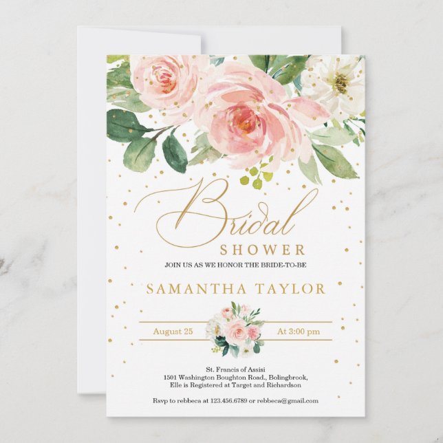 Invitación Boho bohemio rosa rosa floral y novia dorada (Anverso)