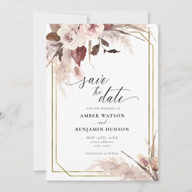 Invitación Boho Boho Boho Floral Pampas Salva La Fecha Inv (Anverso)