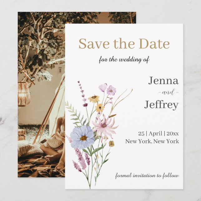 Invitación Boho Boho de Flor Primavera Ahorra La Fecha (Anverso / Reverso)