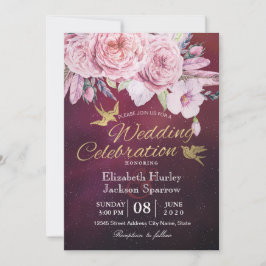 Invitación Boho Boho Floral Feathers Burgundy Red