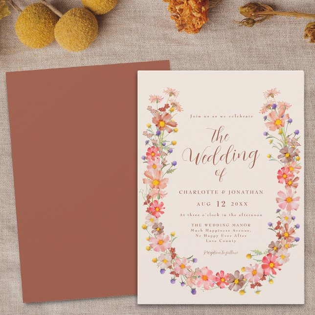 Invitación Boho Boho Rustic Floral Fall Wedding (Boho fall floral burnt orange beige wedding invitation with qr code Watercolor wildflower wreath)