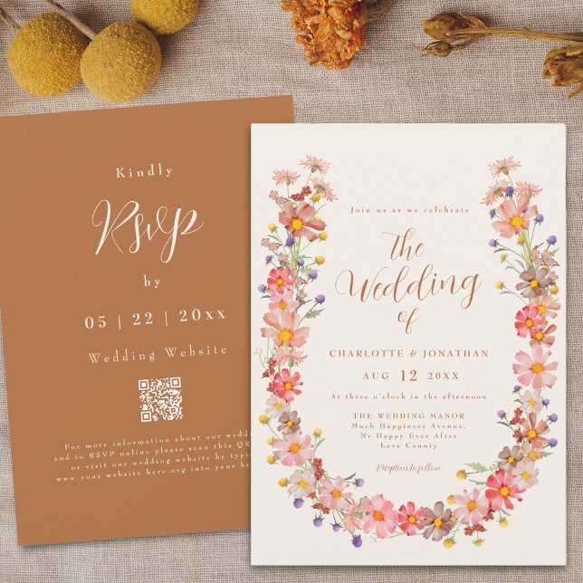 Invitación Boho Boho Rustic Floral Fall Wedding (Boho fall rustic wildflower elegant script qr code wedding invitation watercolor floral wreath )