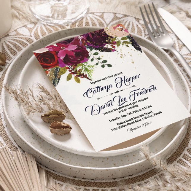 Invitación Boho Bold Burgundy Boda Floral (Subido por el creador)