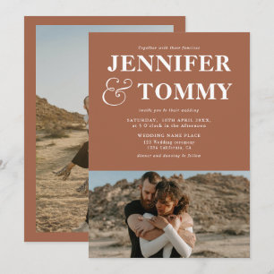 Invitación Boho bold name retro 2 fotos boda terracota