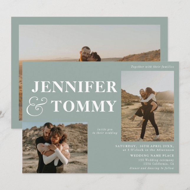 Invitación Boho bold name retro 3 fotos boda sage green (Anverso / Reverso)
