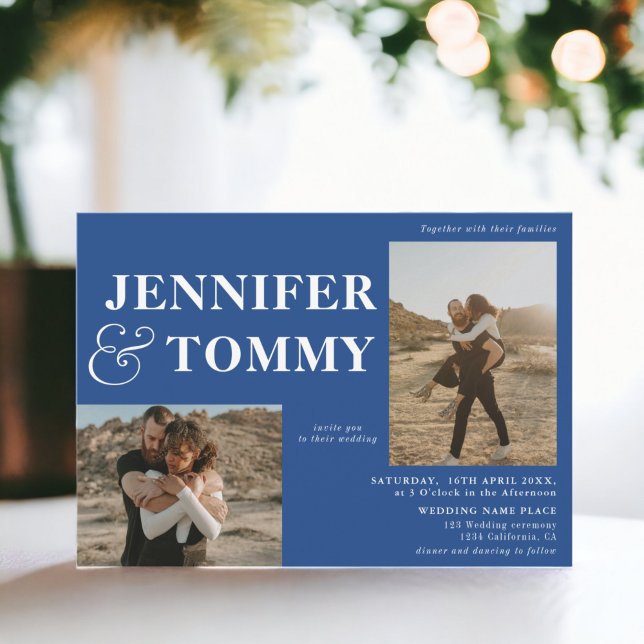 Invitación Boho bold nombres 3 fotos boda moda azul (Boho bold names 3 photos wedding chic blue invitation)