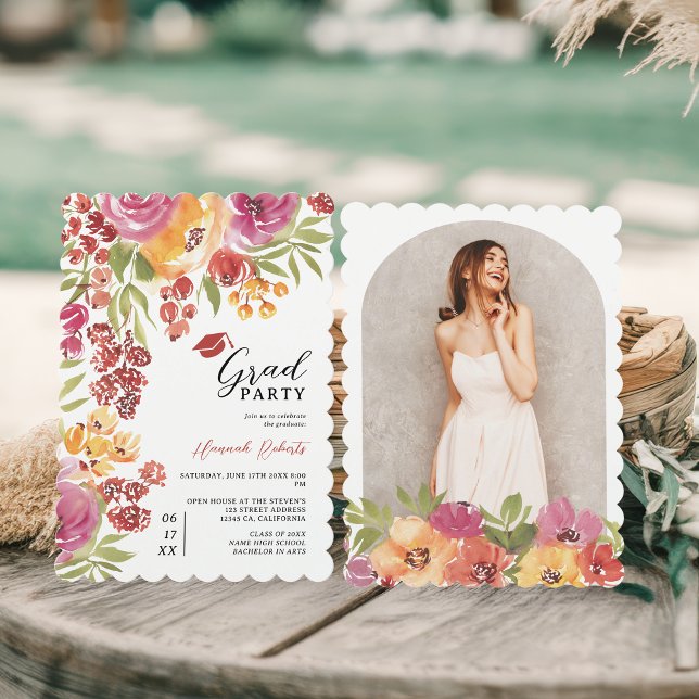 Invitación Boho Bold Watercolor Floral Photo Graduation Party (Boho Bold Watercolor Floral Photo Graduation Party Invitation)