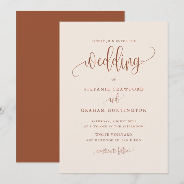 Invitación Boho Bonito caligrafía guión Boda Terracotta (Anverso / Reverso)