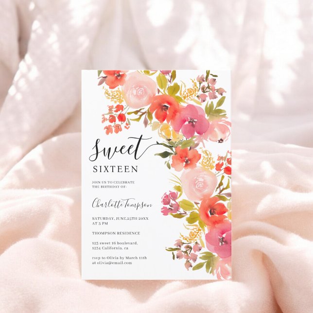 Invitación Boho bonito romántica escritura floral coral dulce (Boho romantic pretty floral script coral sweet 16 invitation)