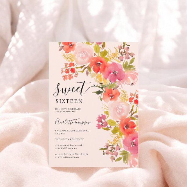 Invitación Boho bonito romántica escritura floral dulce rosa  (Boho romantic pretty floral script pink sweet 16 invitation)