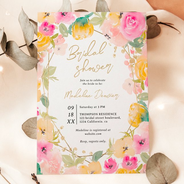 Invitación Boho bonito verano flores de oro ducha de novia (Boho pretty summer gold flowers bridal shower invitation)