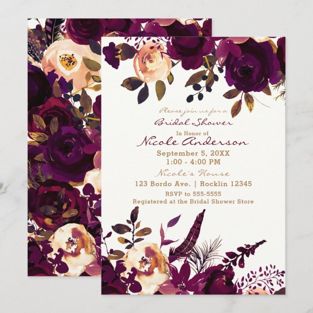 Invitación Boho Bordeaux Maroon Floral Fall Bridal Shower (Anverso / Reverso)