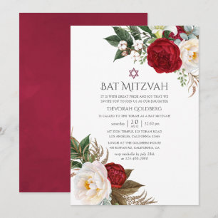 Invitación Boho Borgoña - Bat Mitzvah Floral Marsala